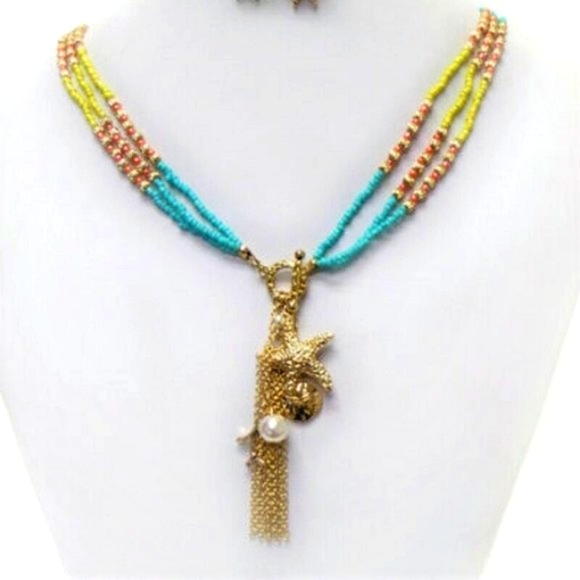 layered seed beaded sea life charm necklace set - Picture 4 of 4